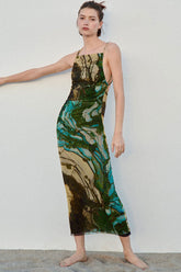 Robe mi-longue vintage sans manches, col carré, dos nu, maille froncée - Multicolore